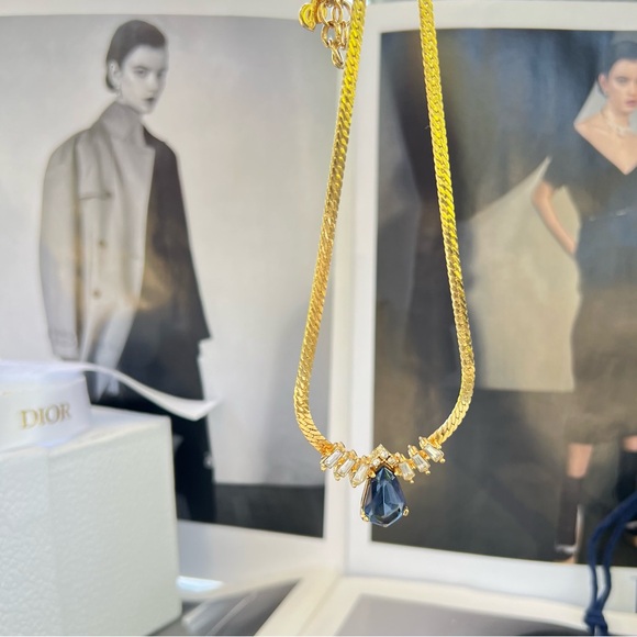 DIOR Water Drop Necklace Gold Plated Christian Dior Jewelry Emerald Cut - Picture 8 of 13